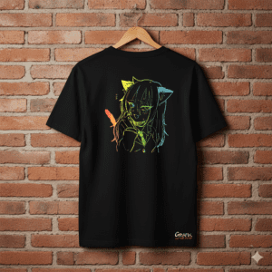 Maglietta Nera Neko Girl Neon Style – Collab. Grafix on The Road
