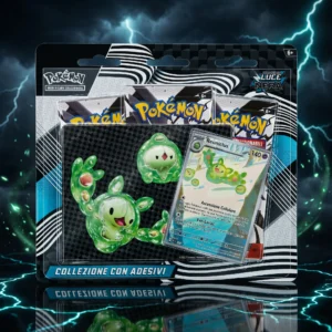 Pokemon collezione con adesivi Scarlatto e Violetto Luce Nera ITA con carta promo Reuniclus, su sfondo nero con fulmini blu elettrico ed energia psichica verde