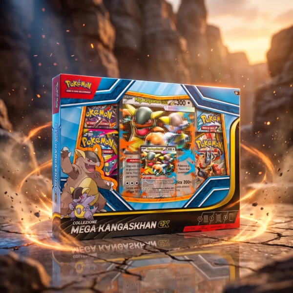 Pokemon collezione mega Kangaskhan ex ITA Box Collezione Mega Kangaskhan ex del GCC Pokemon in italiano su arena rocciosa con onde di energia arancione, scintille e luci cinematiche blu e arancio