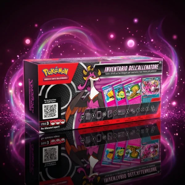 Pokemon inventario dell'allenatore 2025 ITA Pokemon Inventario dell'Allenatore 2025 ITA - box del GCC Pokemon su superficie riflettente con aura rosa e magenta ispirata a Fezandipiti, particelle scintillanti e luci cinematiche