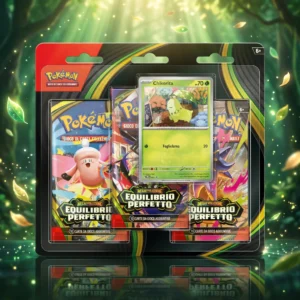 Blister 3 buste Pokemon Megaevoluzione Equilibrio Perfetto (ITA) con carta promo Chikorita, ambientazione naturale con foglie luminose e raggi di luce verde smeraldo