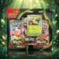 Blister 3 buste Pokemon Megaevoluzione Equilibrio Perfetto (ITA) con carta promo Chikorita, ambientazione naturale con foglie luminose e raggi di luce verde smeraldo