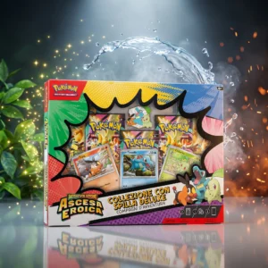 Pokemon Collezione con Spilla Deluxe Compagni d'Avventura Megaevoluzione Ascesa Eroica ITA con Chikorita, Tepig e Totodile, scena cinematica con foglie, fiamme e arco d'acqua