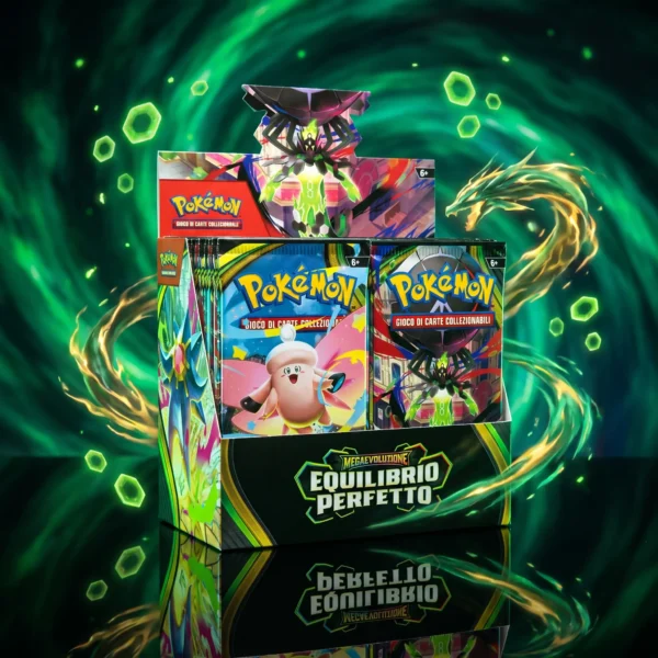Booster box Pokemon Megaevoluzione Equilibrio Perfetto ITA da 36 buste su superficie riflettente nera con energia verde smeraldo e particelle esagonali in stile Zygarde