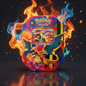 Tin da collezione Pokemon Megaevoluzione Mega Charizard Y-ex edizione italiana su superficie riflettente con fiamme epiche arancio e blu, scintille e atmosfera vulcanica cinematica