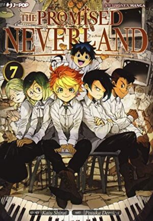 Copertina del manga The Promised Neverland vol. 7, edizione italiana J-POP Edizioni di Kaiu Shirai, Posuka Demizu
