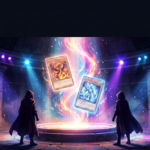 Mazzo di carte da gioco collezionabili disposto a ventaglio su un tavolo scuro accanto a una scatola di mazzo pronto, con luce calda e riflessi olografici, in stile editoriale per una guida Yu-Gi-Oh! per principianti.
