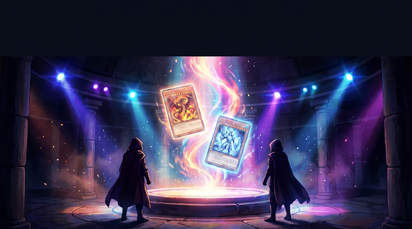 Mazzo di carte da gioco collezionabili disposto a ventaglio su un tavolo scuro accanto a una scatola di mazzo pronto, con luce calda e riflessi olografici, in stile editoriale per una guida Yu-Gi-Oh! per principianti.