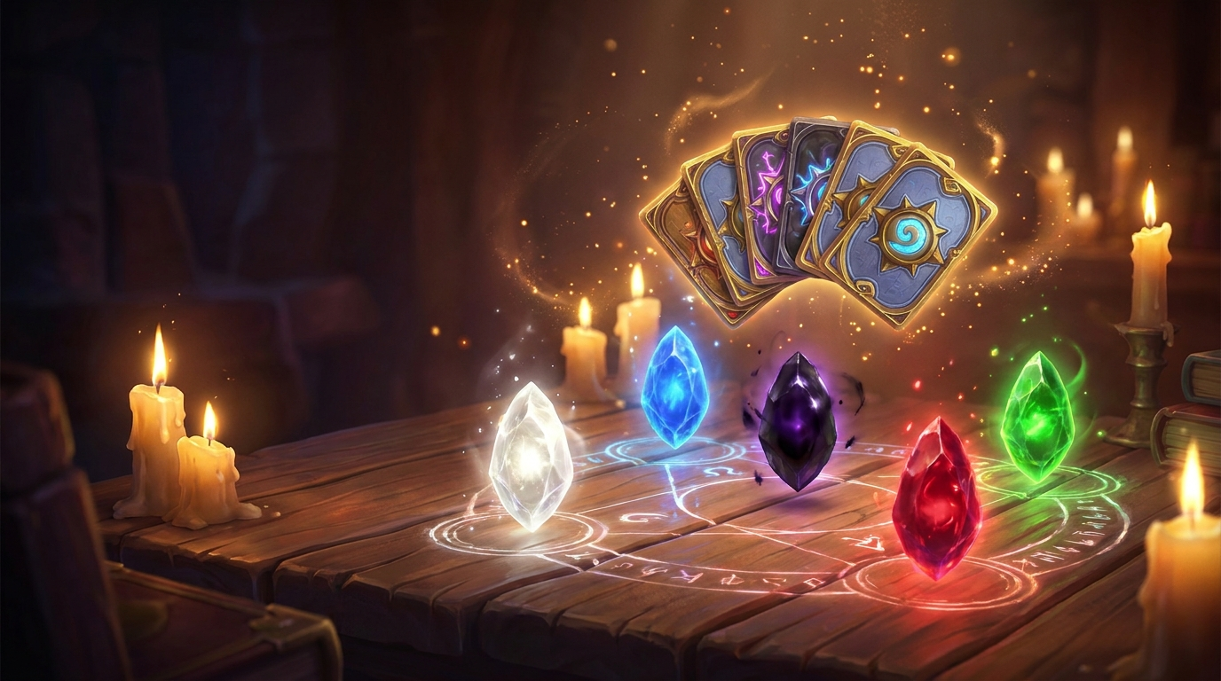 Tavolo da gioco visto dall'alto con carte fantasy generiche, dadi e segnalini colorati nei cinque toni del gioco, in un'atmosfera calda da negozio di carte collezionabili.