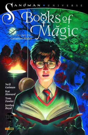 Copertina del fumetto Books of Magic 1 - Caratteri Mobili, edizione italiana Panini Comics / DC / Marvel / Disney di Gaiman, Fowler, Howard