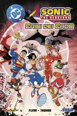 Copertina del fumetto Dc Evergreen X Sonic Crisi e Caos, edizione italiana Panini Comics / DC / Marvel / Disney di Ian Flynn, Adam Bryce Thomas