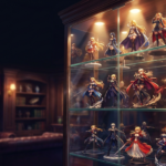 Mensola da collezione illuminata con una statua in scala, una mini figure chibi snodata e una action figure articolata in posa dinamica su sfondo scuro