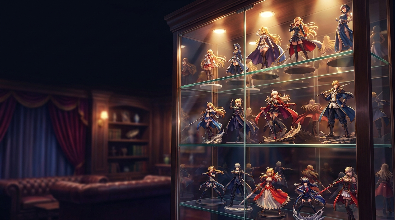 Mensola da collezione illuminata con una statua in scala, una mini figure chibi snodata e una action figure articolata in posa dinamica su sfondo scuro