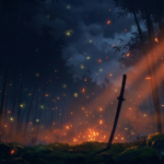Illustrazione editoriale con una katana giapponese appoggiata accanto a una pila di volumi manga e una piccola figure su sfondo notturno con fiori di ciliegio