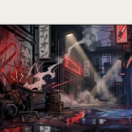 Illustrazione dark di una motosega accesa su sfondo urbano notturno con luci al neon rosse e gialle, in stile action evocativo della serie Chainsaw Man.