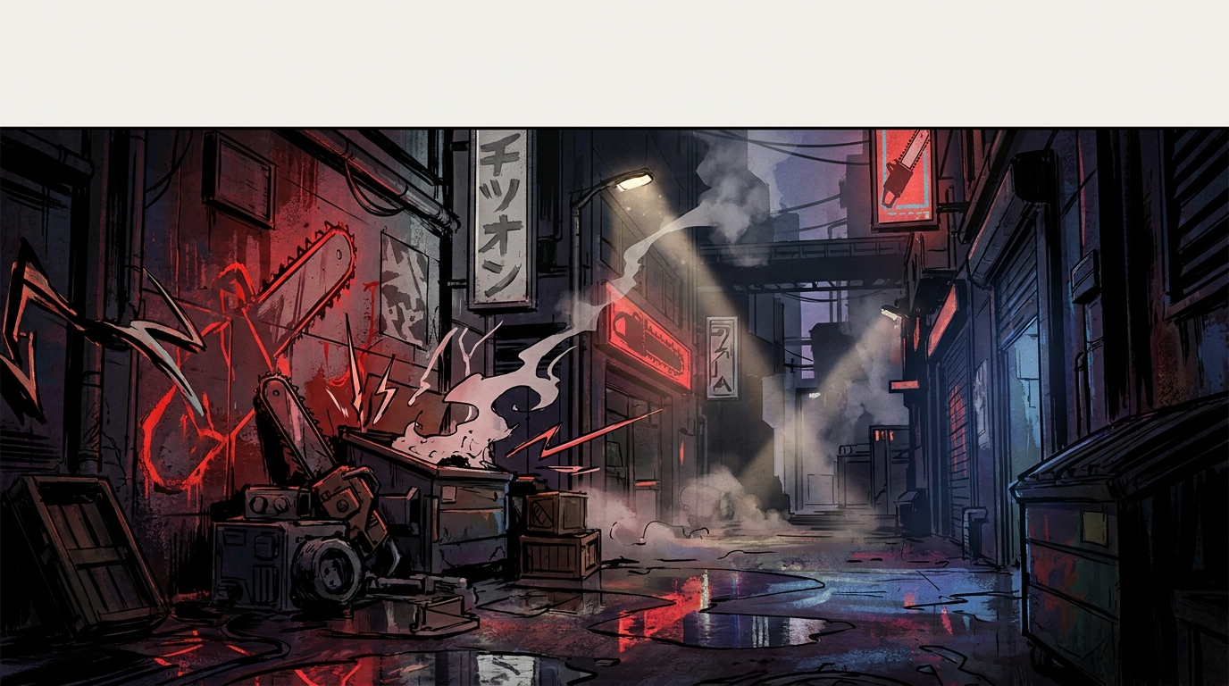 Illustrazione dark di una motosega accesa su sfondo urbano notturno con luci al neon rosse e gialle, in stile action evocativo della serie Chainsaw Man.