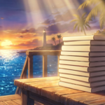 Scaffale di libreria pieno di volumi manga colorati illuminato dalla luce calda del sole estivo che entra dalla finestra.
