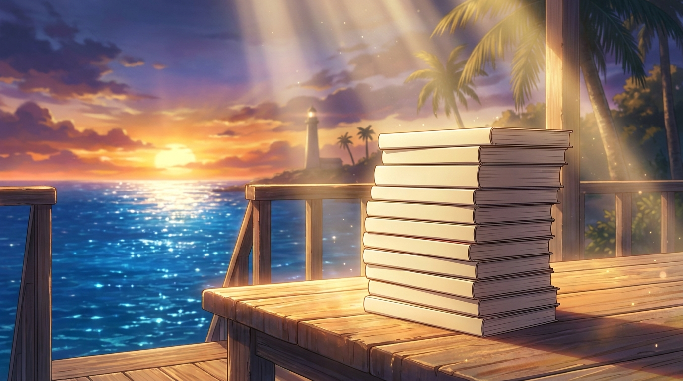 Scaffale di libreria pieno di volumi manga colorati illuminato dalla luce calda del sole estivo che entra dalla finestra.