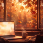 Scrivania autunnale con volumi manga impilati, un calendario di ottobre e una tazza fumante in luce calda.