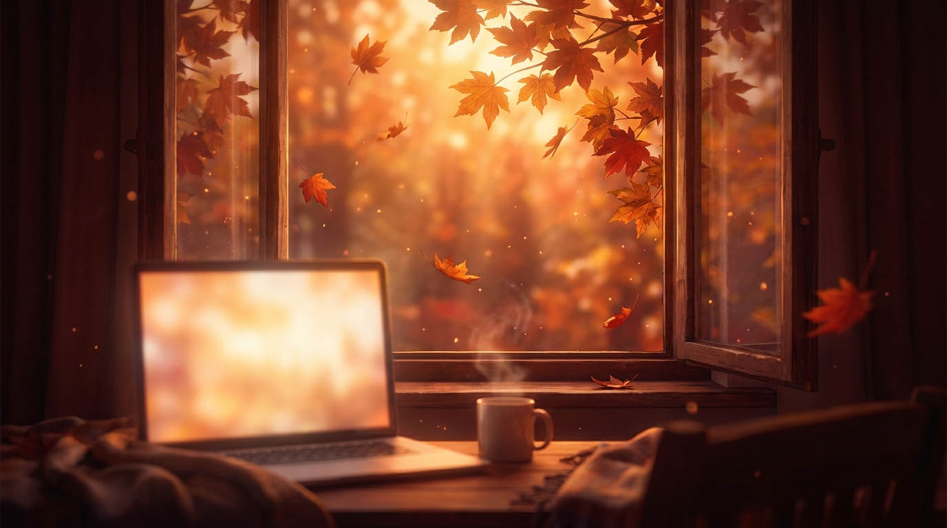 Scrivania autunnale con volumi manga impilati, un calendario di ottobre e una tazza fumante in luce calda.