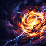 Mensola da collezionista con volumi manga allineati, carte da gioco in packs protettive e una figura action in posa al centro, illuminata da luce calda.