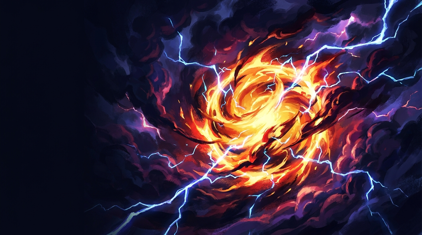 Mensola da collezionista con volumi manga allineati, carte da gioco in packs protettive e una figura action in posa al centro, illuminata da luce calda.