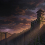 Imponenti mura di pietra contro un cielo cupo al tramonto con equipaggiamento di manovra stilizzato in primo piano, in un'atmosfera epica ispirata al mondo di Attack on Titan.