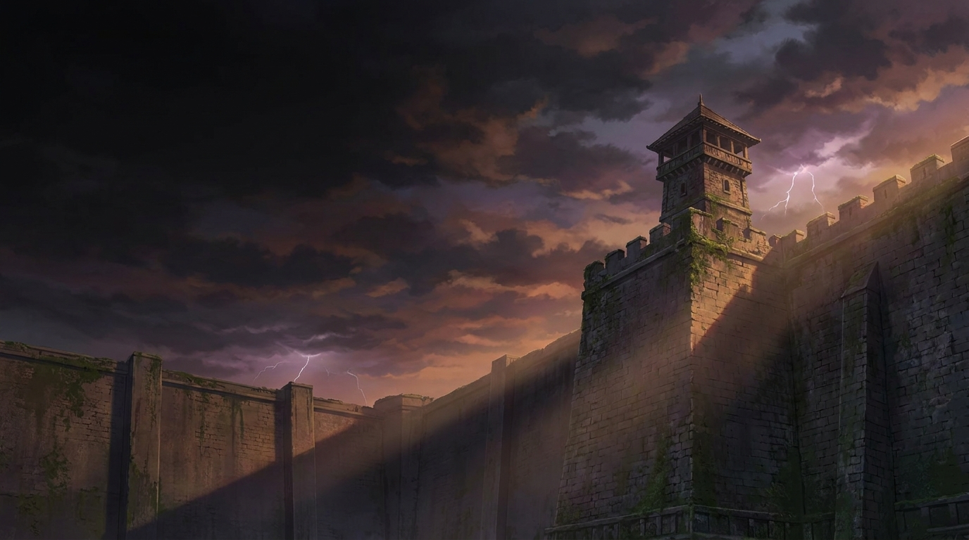 Imponenti mura di pietra contro un cielo cupo al tramonto con equipaggiamento di manovra stilizzato in primo piano, in un'atmosfera epica ispirata al mondo di Attack on Titan.