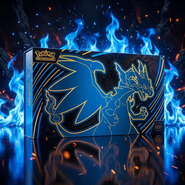Pokémon GCC Collezione Ultra Premium Mega Charizard X-ex (ITA) Collezione Ultra Premium Mega Charizard X-ex ITA in un'arena vulcanica tra fiamme blu in stile Mega Charizard X