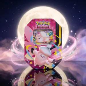 Scatola da Collezione Pokémon GCC Mega Chiarodiluna con Mega Clefable-ex, edizione italiana, in scena notturna al chiaro di luna con luna piena, scintillii rosa e argento ed energia folletto