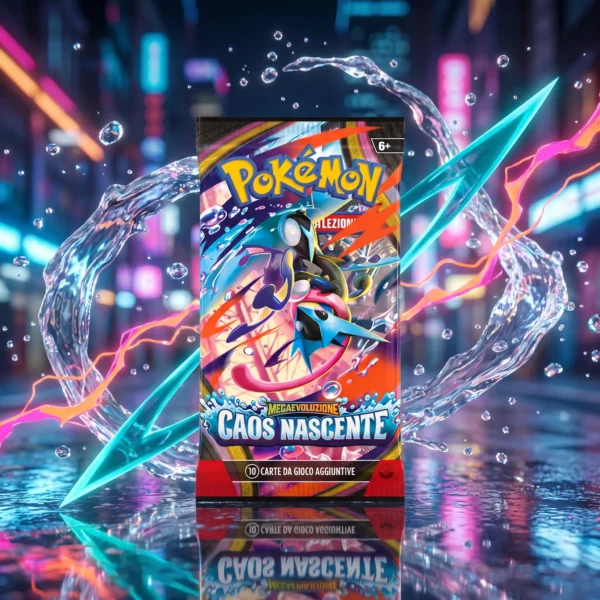 Busta paper sleeve Pokémon Megaevoluzione Caos Nascente (ITA) in scena cinematica con lame d'acqua e luci neon in stile Mega Greninja