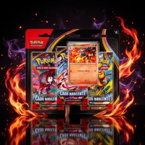 Blister 3 buste Pokémon Megaevoluzione Caos Nascente edizione italiana con carta promo olografica Charmeleon, su sfondo vulcanico con fiamme cremisi e riflessi su superficie di ossidiana