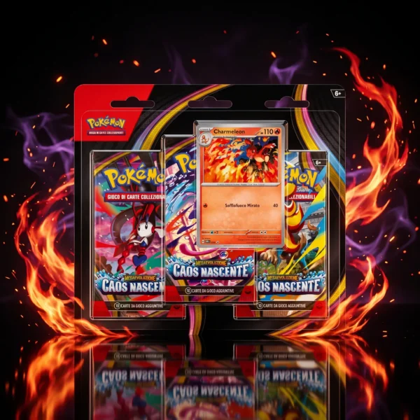 Pokémon Megaevoluzione Caos Nascente – Blister 3 Buste (ITA) Blister 3 buste Pokémon Megaevoluzione Caos Nascente edizione italiana con carta promo olografica Charmeleon, su sfondo vulcanico con fiamme cremisi e riflessi su superficie di ossidiana