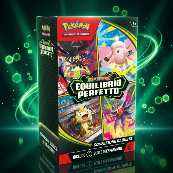 Pokémon Megaevoluzione Equilibrio Perfetto – Bundle 6 Buste (ITA) Bundle 6 buste Pokémon Megaevoluzione Equilibrio Perfetto in Italian, confezione su superficie riflettente scura con energia verde smeraldo e particelle esagonali in stile Mega Zygarde