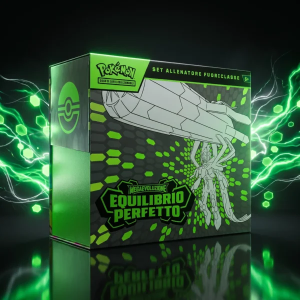 Pokémon Megaevoluzione Equilibrio Perfetto – Set Allenatore Fuoriclasse (ITA) Set Allenatore Fuoriclasse Pokémon Megaevoluzione Equilibrio Perfetto in Italian con Mega Zygarde, scena cinematica scura con energia verde smeraldo, particelle esagonali luminose e superficie riflettente