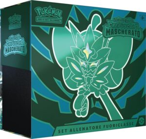 Set Allenatore Fuoriclasse Crepuscolo Mascherato del GCC Pokémon in italiano, box verde-turchese con Ogerpon Maschera Turchese