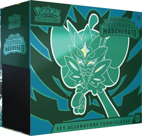 Set Allenatore Fuoriclasse Crepuscolo Mascherato del GCC Pokémon in italiano, box verde-turchese con Ogerpon Maschera Turchese