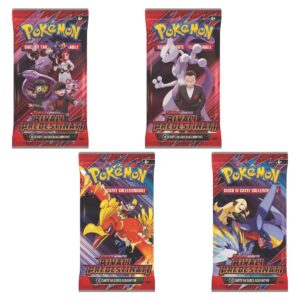 Busta di espansione Pokémon Scarlatto e Violetto – Rivali Predestinati in italiano, grafiche assortite con Giovanni e Mewtwo, Team Rocket, Camilla con Garchomp e Armonio con Ho-Oh