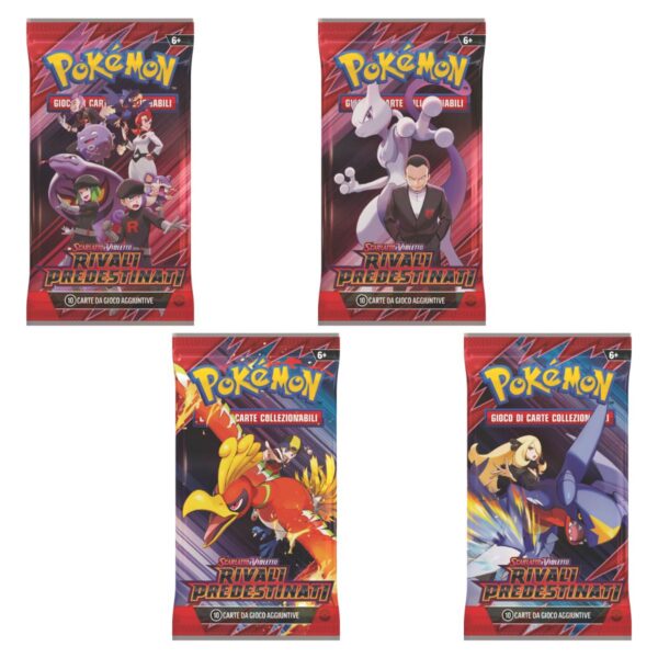Busta di espansione Pokémon Scarlatto e Violetto – Rivali Predestinati in italiano, grafiche assortite con Giovanni e Mewtwo, Team Rocket, Camilla con Garchomp e Armonio con Ho-Oh