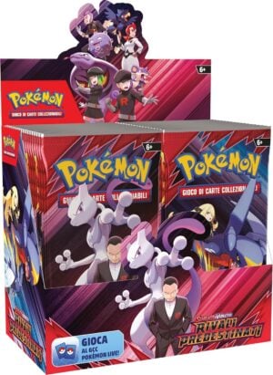 Display aperto Pokémon Rivali Predestinati con 36 buste in italiano, grafiche Team Rocket con Giovanni e Mewtwo e Camilla con Garchomp