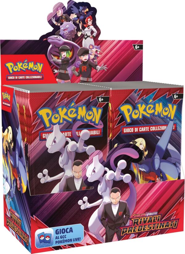 Display aperto Pokémon Rivali Predestinati con 36 buste in italiano, grafiche Team Rocket con Giovanni e Mewtwo e Camilla con Garchomp