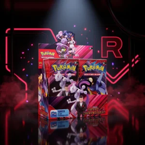 Display aperto 36 buste Pokémon Rivali Predestinati in italiano nel covo del Team Rocket tra neon rossi e fumo scenografico
