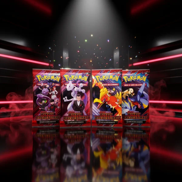 Pokémon Scarlatto e Violetto Rivali Predestinati – Busta (ITA) Buste Pokémon Rivali Predestinati in italiano in un covo del Team Rocket tra neon rossi e fumo scenografico
