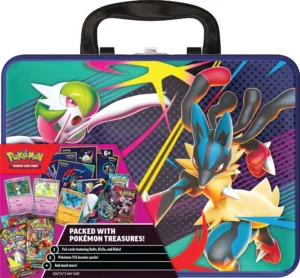 Valigetta da Collezione Pokémon Novembre 2025 (ITA) in latta con Mega Gardevoir e Mega Lucario, con 6 buste e 3 carte olografiche