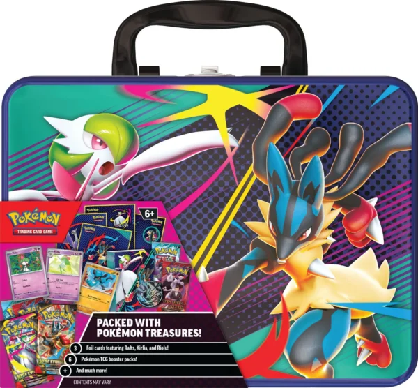 Valigetta da Collezione Pokémon Novembre 2025 (ITA) in latta con Mega Gardevoir e Mega Lucario, con 6 buste e 3 carte olografiche