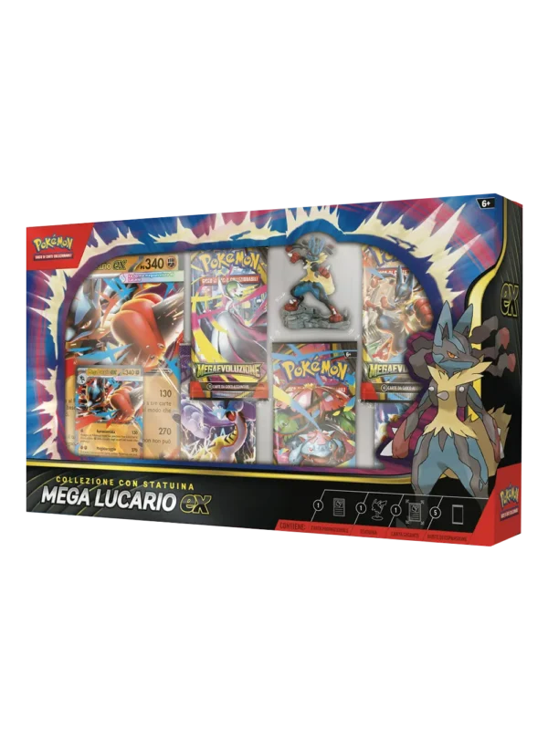 Box della Collezione con Statuina Mega Lucario-ex del GCC Pokémon in italiano con statuina, carta promo, carta gigante e 5 buste di espansione