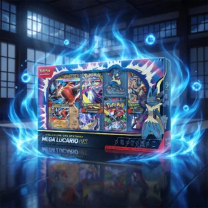 Collezione Pokémon con statuina Mega Lucario in italiano avvolta da onde di aura blu in un dojo al chiaro di luna