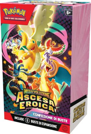 Bundle 6 buste Pokémon Megaevoluzione Ascesa Eroica in italiano con Mega Dragonite, Mega Charizard e Mega Lucario sulla confezione