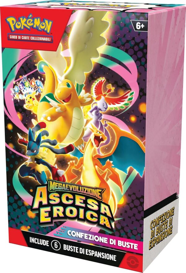 Bundle 6 buste Pokémon Megaevoluzione Ascesa Eroica in italiano con Mega Dragonite, Mega Charizard e Mega Lucario sulla confezione