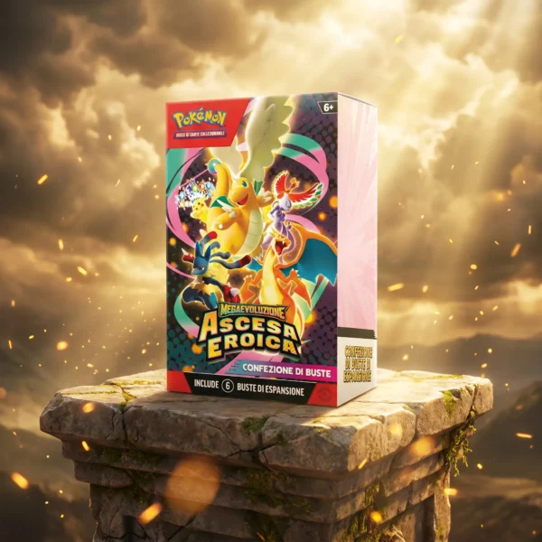 Bundle 6 buste Pokémon Megaevoluzione Ascesa Eroica in italiano su piedistallo di pietra tra raggi di luce dorata